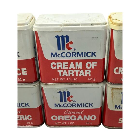 Vintage 1970s McCormick Spice Tins 8 Oregano Turmeric Cloves Allspice Thyme Sage - Picture 4 of 11